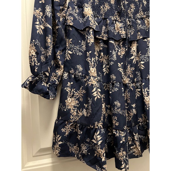NWT She & Sky Women’s Off Shoulder Floral Ruffle Mini Dress Size M‎ Blue Brown - Picture 4 of 8